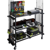 Fishing Rod Holders for Garage, Fishing Rod Stand with Wheels and Pegboard, 3-Tier Pole Storage Rack with 12 Rod Slots, Ideal for Tackle, Backpacks, and Gear Black SEEAHEAD