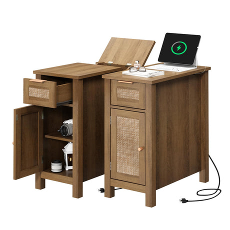 Narrow End Table with Charging Station - Midcentury Rattan Slim Side Table with USB Ports and Power Outlets, Nightstand with Flip Top and Storage Drawer, for Small Spaces Living Room Bedroom, Set of 2 WINWY