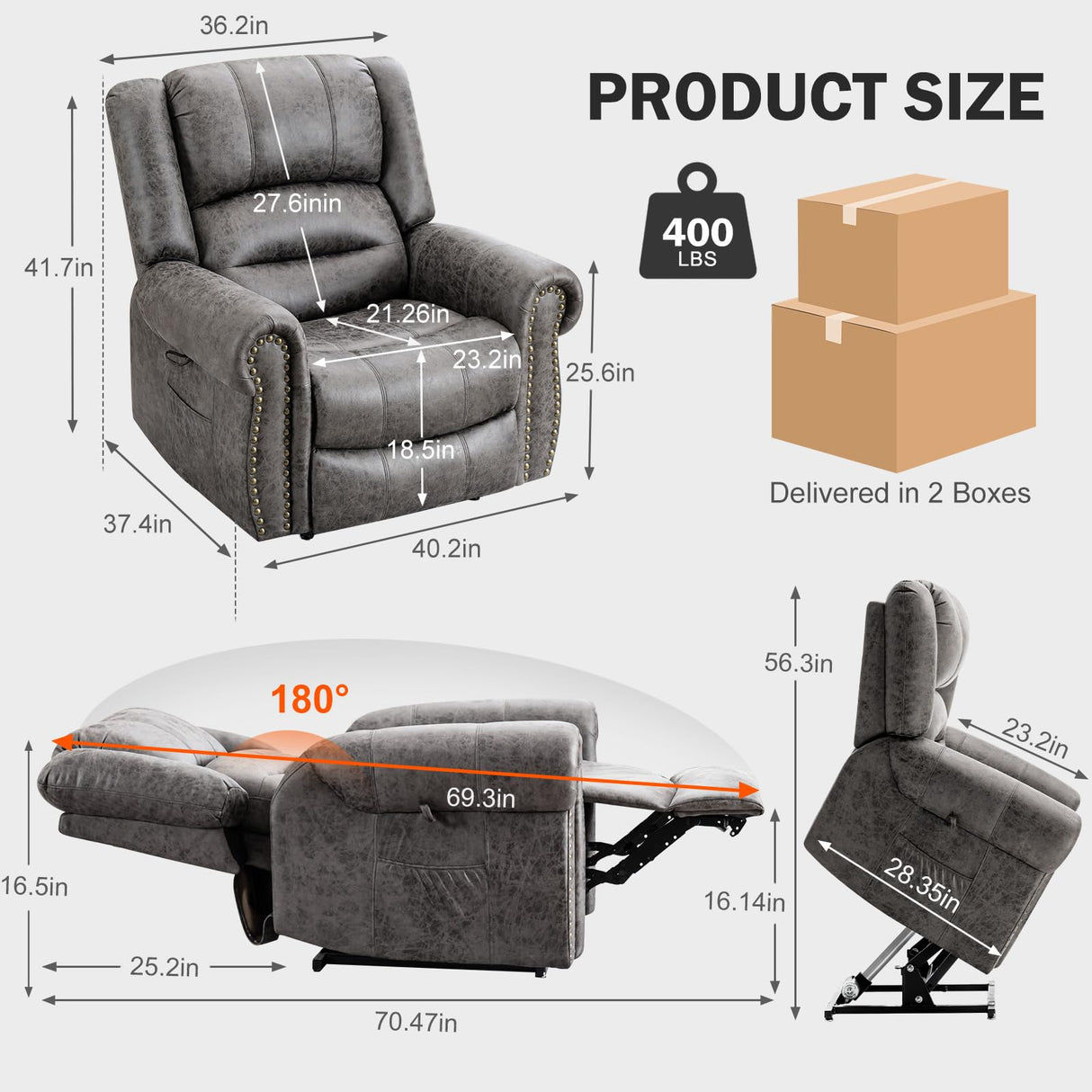 CDCASA Dual Motor Lay Flat Lift Chairs Recliners for Elderly with Massage and Heat, Breathable Leather Infinite Position Large Sleeping Electric Power Lift Chair Recliner for Seniors, Grey CDCASA