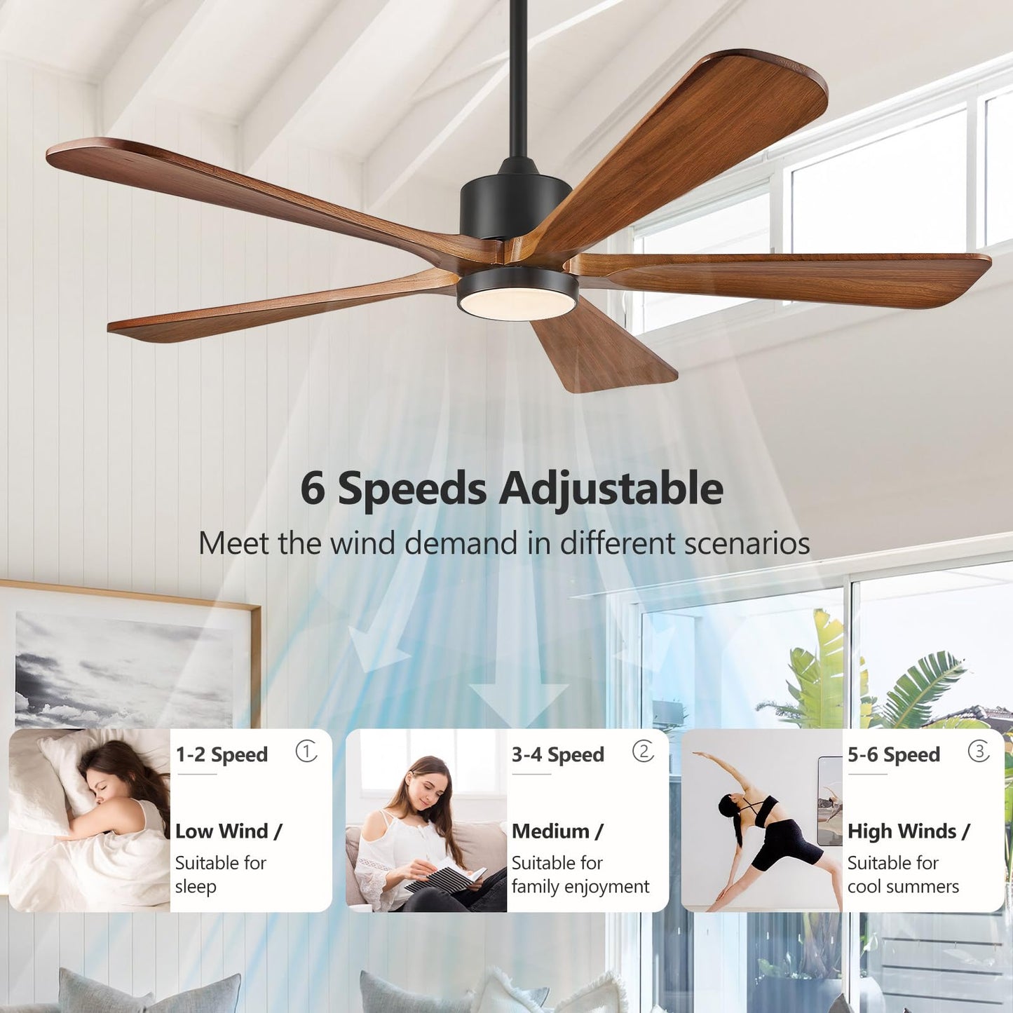 BOOSANT 5 Blade Ceiling Fans with Lights, 60 inch Outdoor Ceiling Fans with Remote Control for Patio Bedroom, Modern Ceiling Fan with Light, 5 Solid Wood Blades 6-Speed Reversible DC Motor(Wa - WoodArtSupply