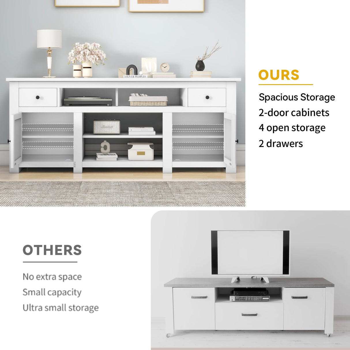DWVO Farmhouse TV Stand for 75 Inch TV, Entertainment Center with Storage Cabinets, Media Console, TV Table with Drawers, TV Stands for Living Room, White DWVO
