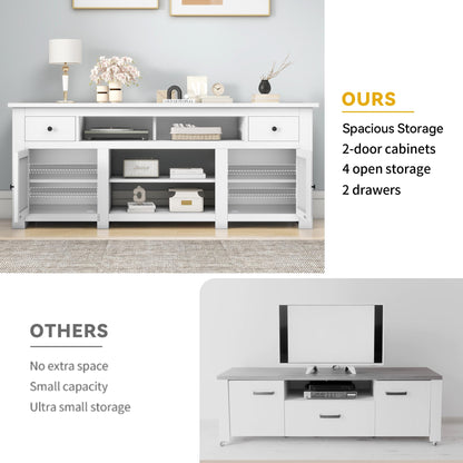 DWVO Farmhouse TV Stand for 75 Inch TV, Entertainment Center with Storage Cabinets, Media Console, TV Table with Drawers, TV Stands for Living Room, White