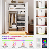 Lihimte 70" Armoire Wardrobe with Mirror Doors and LED Lights, 2 Doors Closet with Hanging Rod and Shelves, Large Capacity Wooden Storage Cabinet for Home, Bedroom, Office, Laundry Room, White Lihimte