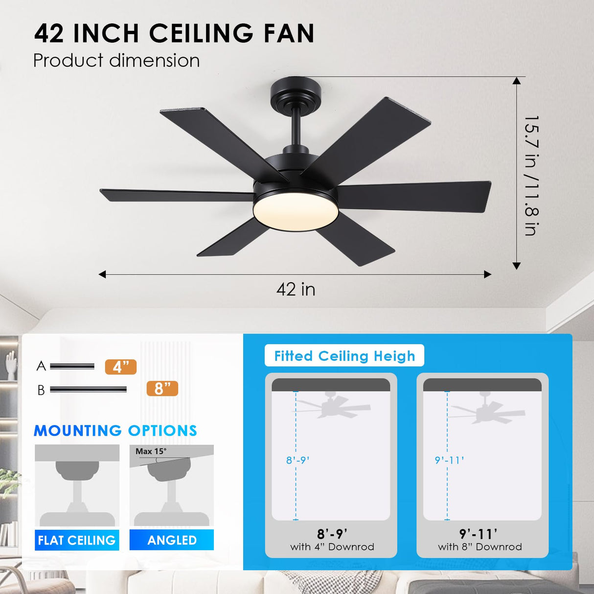 42 inch Ceiling Fans with Lights, Black Ceiling Fan with Remote APP, Dual-Sided Modern/Rustic 6 Blades, Reversible, 3CCT, Sloped Flush Mount Low Profile Ceiling Fan with Lights Bedroom Kitchen Indoor BayDay