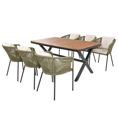 Merax 7 Pieces Patio Dining Table and Chairs, All-Weather Outdoor Furniture Set with Acacia Wood Tabletop and Metal Frame, for Garden, Backyard, Balcony, Green - WoodArtSupply