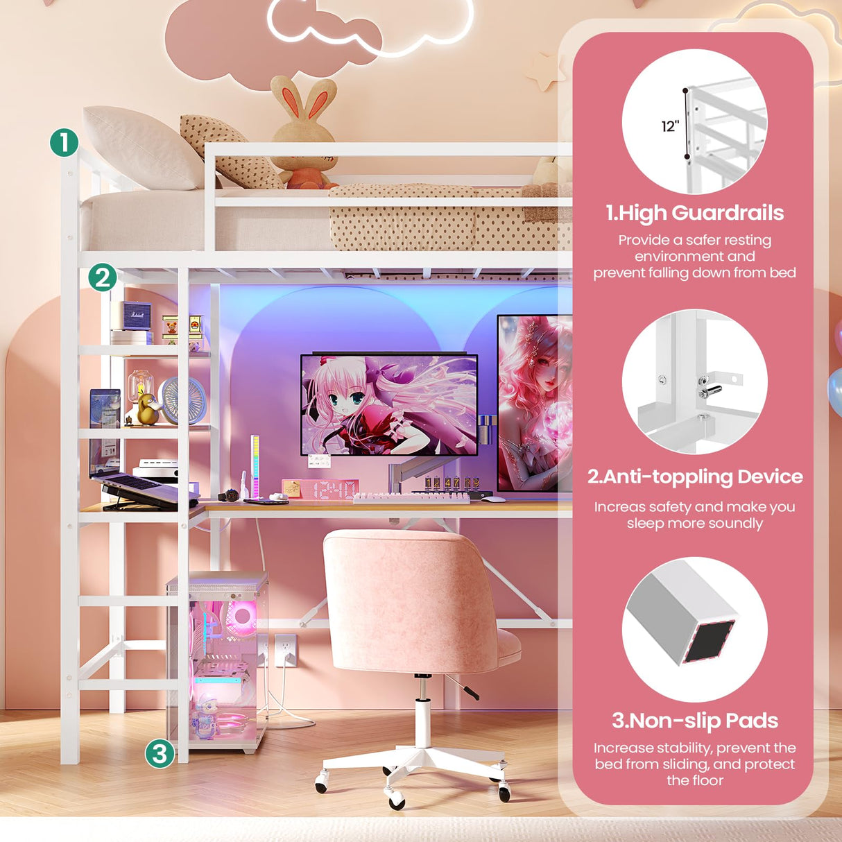 Hasuit Twin Size Loft Bed with U-Shaped Desk, Charging Station &LED Lights, Twin LED Loft Bed with Open Storage Shelves, Safety Guardrail & Double Ladder,No Box Spring Needed, White Metal Loft Bed Hasuit