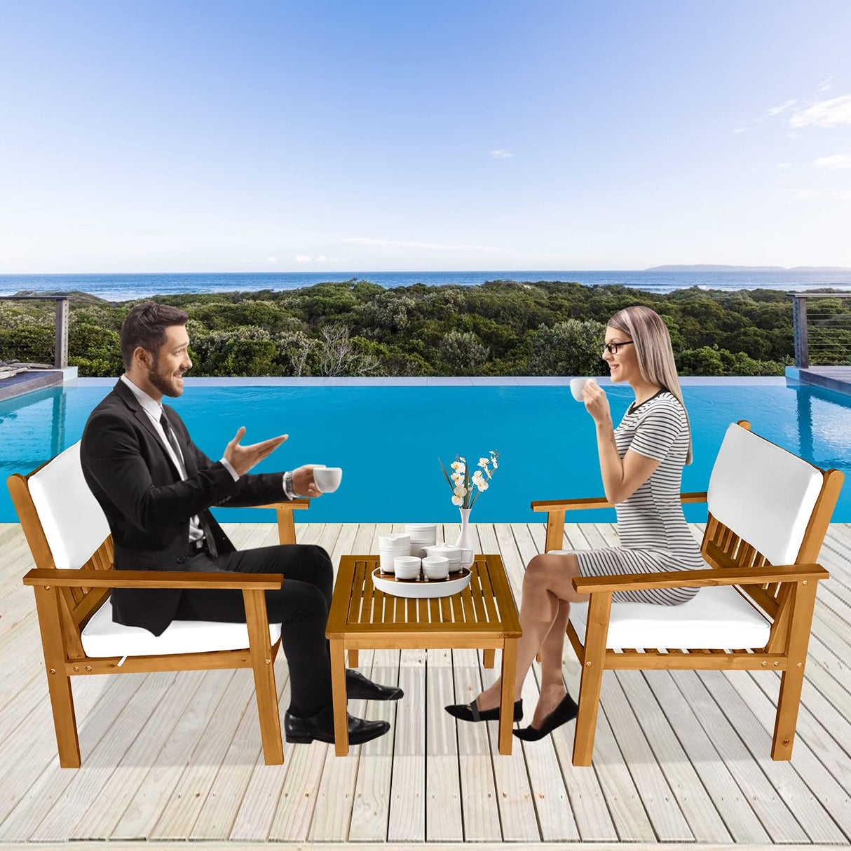 Dkeli Wood Patio Bistro Set 3 Pieces Outdoor Patio Furniture Set Table and Chairs Acacia Wooden Conversation Table Sets Sofa Chair with Padded Cushions for Garden, Backyard, Poolside, Balcony Dkeli