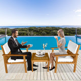 Dkeli Wood Patio Bistro Set 3 Pieces Outdoor Patio Furniture Set Table and Chairs Acacia Wooden Conversation Table Sets Sofa Chair with Padded Cushions for Garden, Backyard, Poolside, Balcony Dkeli