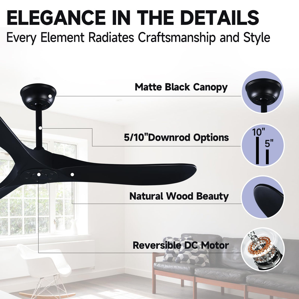 Fanawi 52" Wood Ceiling Fan with Remote Control, 3 blade Ceiling Fan without Lights for Indoor/Outdoor - Modern Design, Powerful Airflow, Silent Operation Fanawi