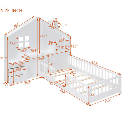 Harper & Bright Designs White Twin Montessori Floor Bed with House-Style Headboard, Storage Drawers, Shelves, and USB Ports - WoodArtSupply