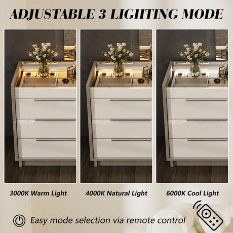 AMERLIFE 47.2" 8 Drawer Dresser with LED Light, Modern High Gloss Chest of Drawers with Glass Tabletop & 2 Six-Grid Jewelry Drawers, for Bedroom, Living Room, Dressing Room, Cream & Grey AMERLIFE