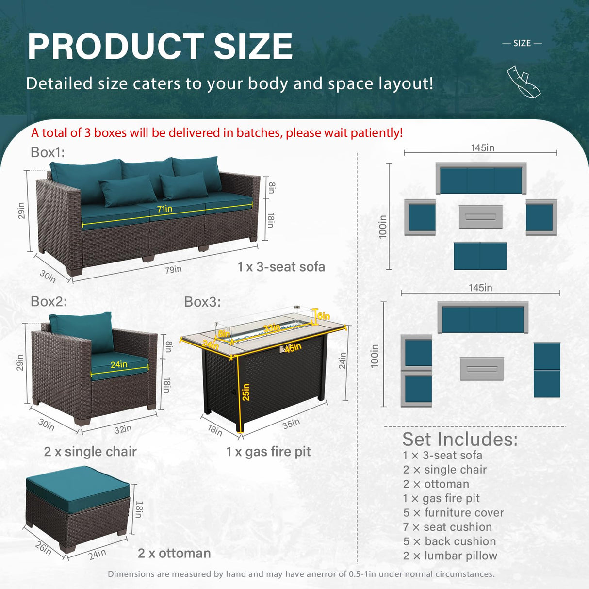 Patio Furniture Set 6-Piece Outdoor Furniture Set with 45'' Propane Gas Fire Pit Table Outdoor Conversation Set Wicker Sofa Set Non-Slip Cushions Waterproof Covers, Peacock Blue Rattan Star