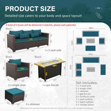 Patio Furniture Set 6-Piece Outdoor Furniture Set with 45'' Propane Gas Fire Pit Table Outdoor Conversation Set Wicker Sofa Set Non-Slip Cushions Waterproof Covers, Peacock Blue Rattan Star