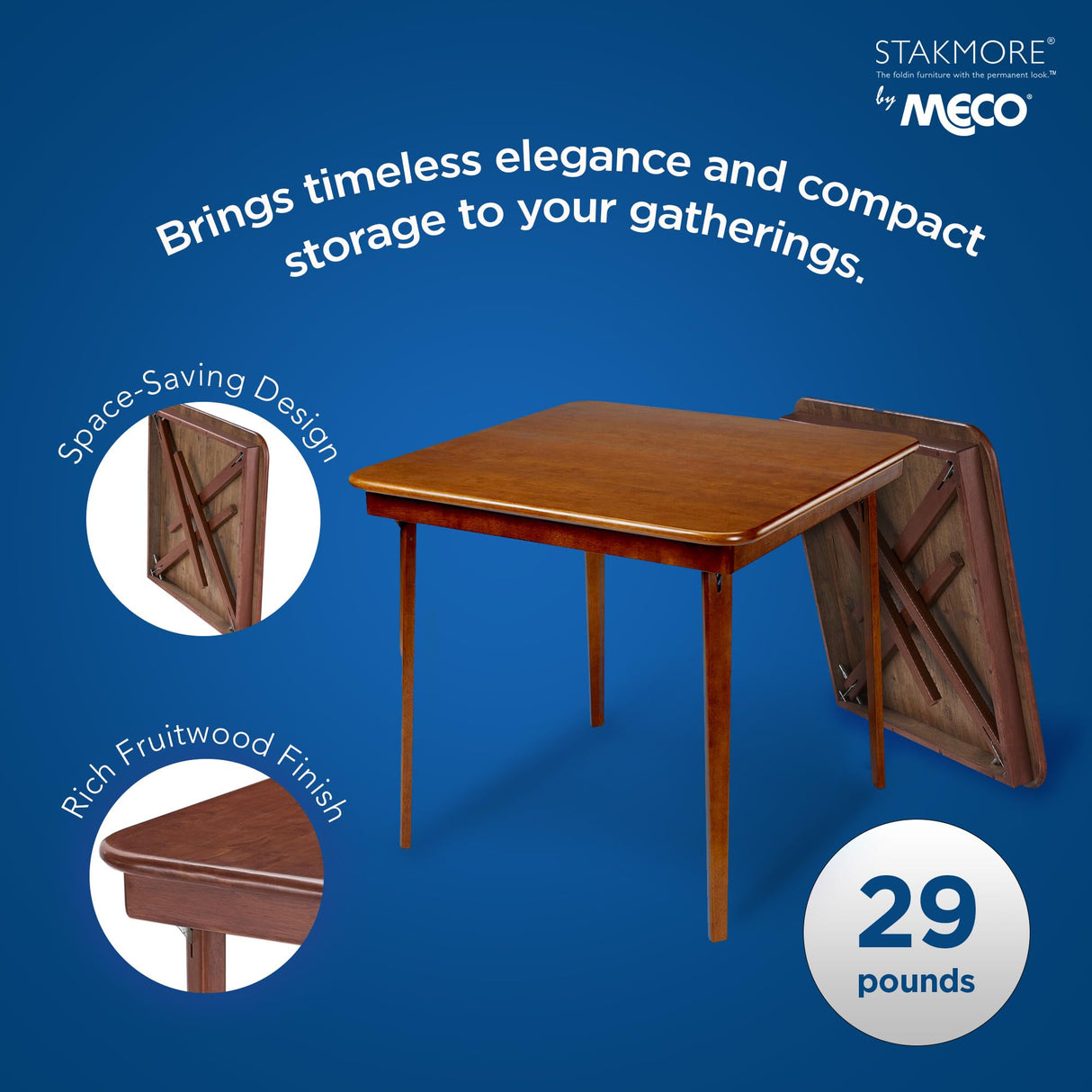 MECO Stakmore Straight Edge Solid Wood Folding Card Table, Folds to Deep 3.38 Inches for Easy Storage, 29.5″H x 32″W x 32″D, Fruitwood Finish MECO