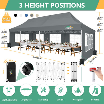 COBIZI 10x30 Pop Up Canopy Tent with 8 Removable Sidewalls EZ POP Up Party 10x30 Canopy Tent Waterproof and UPF50+,Outdoor canopy tents for Parties Wedding Events,with Roller Bag & Sandbags(g - WoodArtSupply