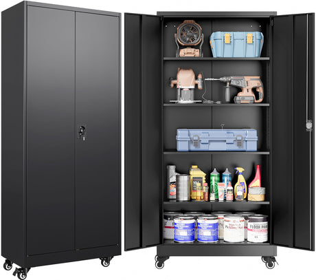 SISESOL Metal Storage Cabinet with Wheels,Rolling Garage Storage Cabinet with Lock,Black Metal Cabinet with Wheels and Shelves,Tool Cabinet,Tall Storage Cabinet on Wheels for Garage,Home,Office,Shop SISESOL