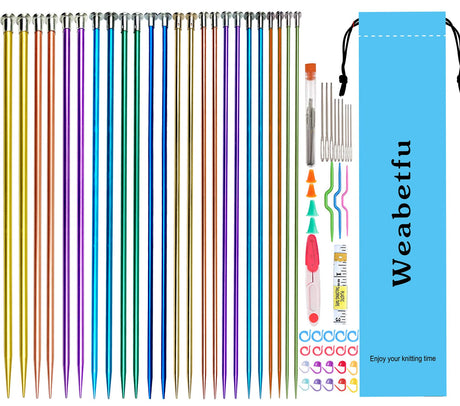 Weabetfu 65pcs Aluminum Metal Knitting Needle Set,Colored Straight Single Pointed Knitting Needles,12 Size 2.5mm-10mm,10inch Length for Handmade DIY Knitting with Knitting Accessories Weabetfu