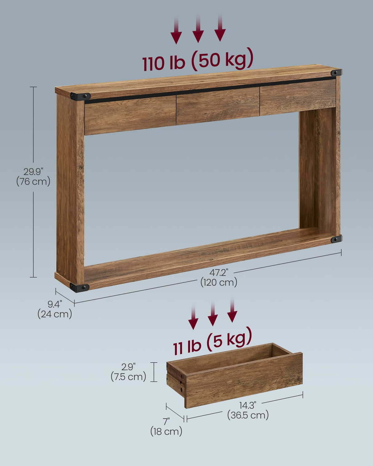 VASAGLE Sofa Console Table, 47.2 Inches Narrow Entryway Table with 3 Drawers, Bottom Shelf, Metal Corners, for Living Room, Bedroom, Farmhouse Style, Honey Brown ULNT143KB01S VASAGLE