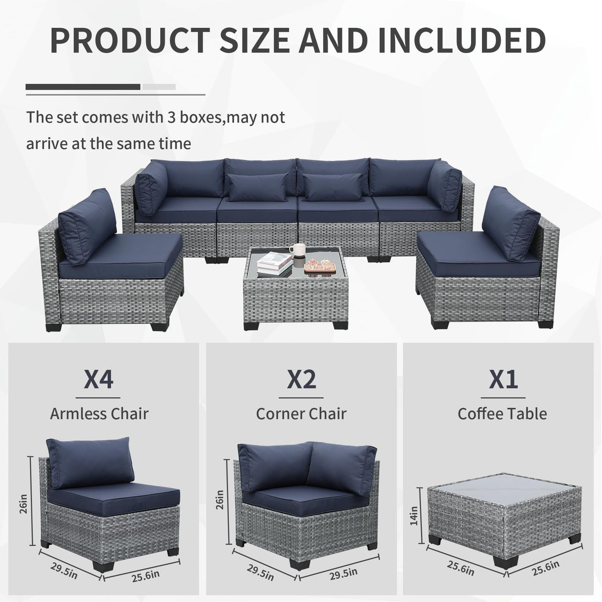 Valita 7 Piece Outdoor PE Wicker Furniture Set, Patio Gray Rattan Sectional Sofa Couch with Washable Dark Blue Cushions Valita