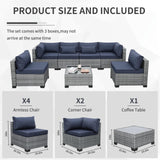 Valita 7 Piece Outdoor PE Wicker Furniture Set, Patio Gray Rattan Sectional Sofa Couch with Washable Dark Blue Cushions Valita
