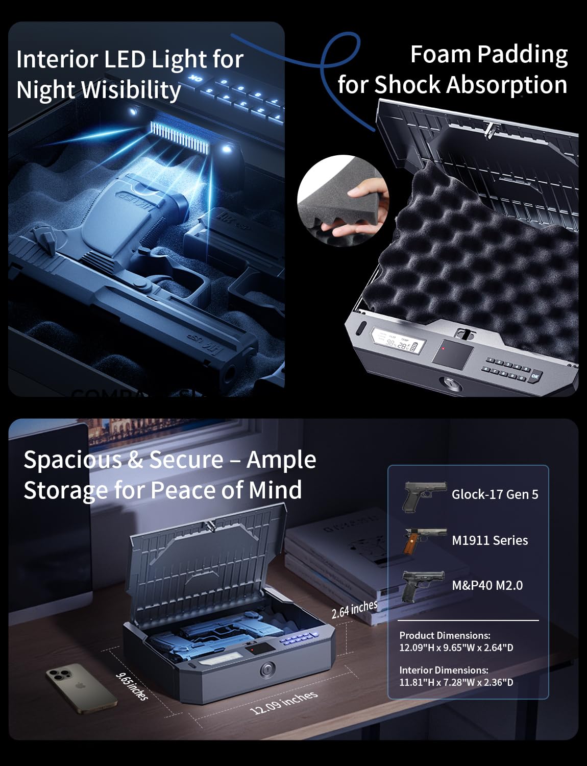 XEGIS SAFE World's 1st Palm Vein Biometric Gun Safe [0.09s Smart Unlock] [10X Military Anti-Pry/Drop] Handgun Pistol Safe with Keypad+Key Lock for Home Nightstand Bedside & Car - Space Grey XEGIS SAFE