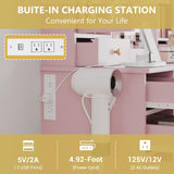 Makeup Vanity Desk with Mirror and Lights, Pink Vanity Table Set with Storage Drawers, Charging Station, Cabinets & Chair, Large Dressing Table with RGB Ambient Light for Women Girls Bedroom Bathroom Xixini