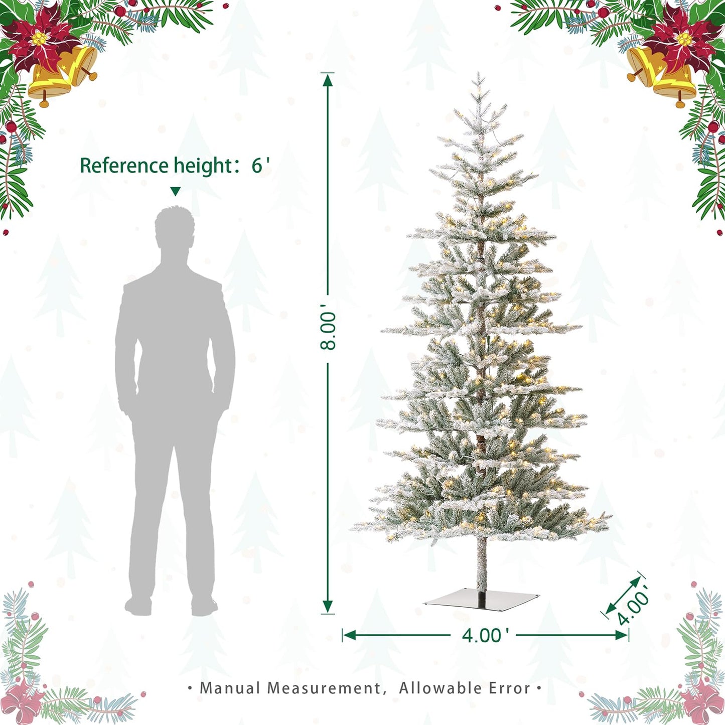 Glitzhome 8ft Deluxe Pre-Lit Flocked Fir Artificial Christmas Tree, Hinged Holiday Xmas Tree with 450 Warm White Lights, Three Function, Easy Assembly