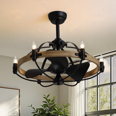 Industrial Caged Ceiling Fan with Lights, 27" Farmhouse Fandelier with Remote Control, 6-Speed Quiet Reversible Motor, E12 Base, Rustic Black and Wood Finish, No Bulbs Included