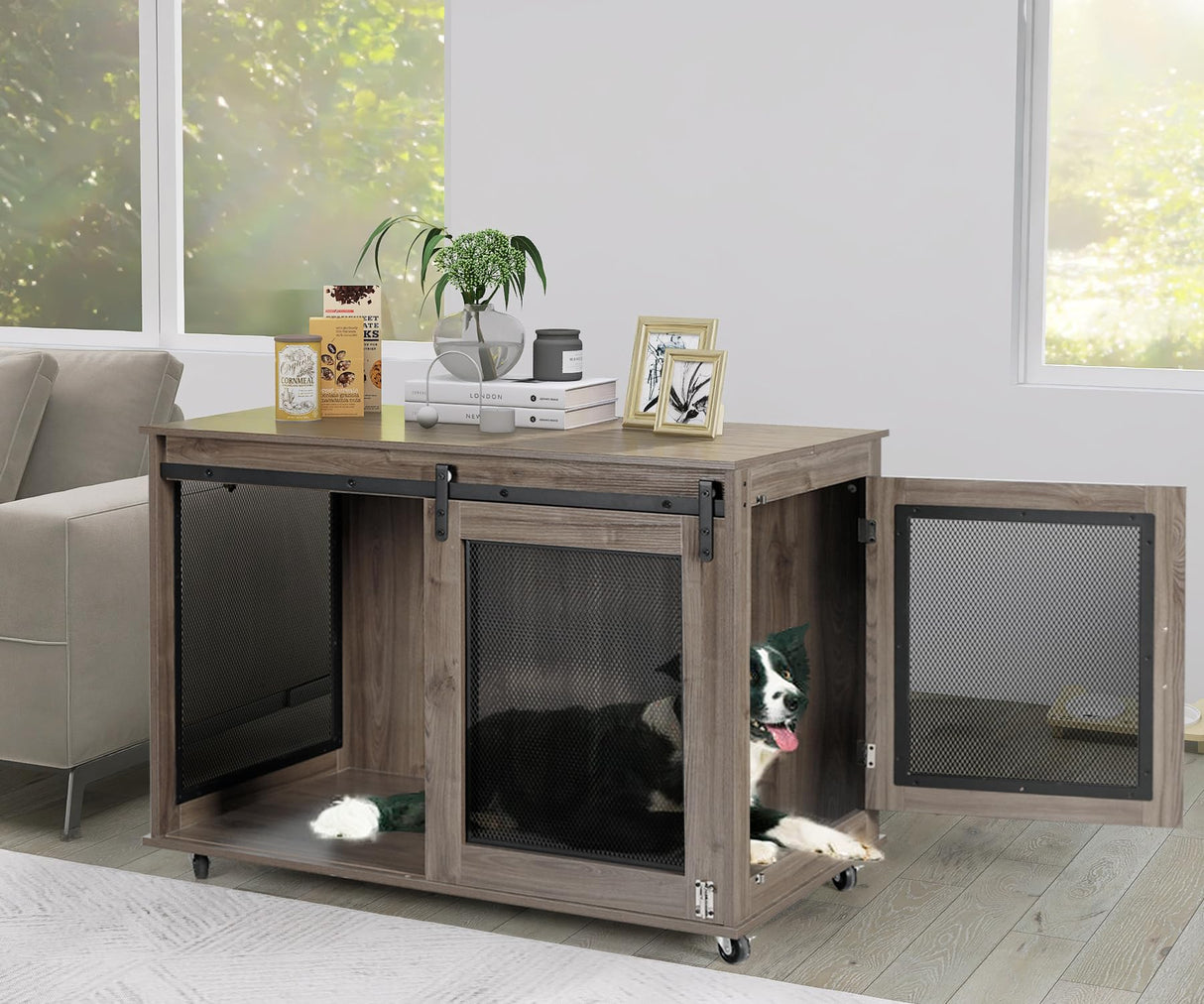 LINLUX 40 Inch Dog Crate Furniture, Wooden Heavy Duty Dog Kennel Indoor, Decorative Dog Cage Table for Large Medium Dogs, with Sliding Doors, Wheels and Flip-top Plate LINLUX