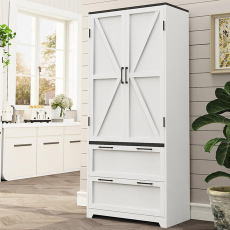 Eltean 71" Kitchen Pantry Storage Cabinet,Farmhouse Storage Cabinet with 2 Adjustable Shelves and 2 Drawers,Barn Doors Metal Storage Cabinets for Kitchen,Dining Room,Living Room Eltean