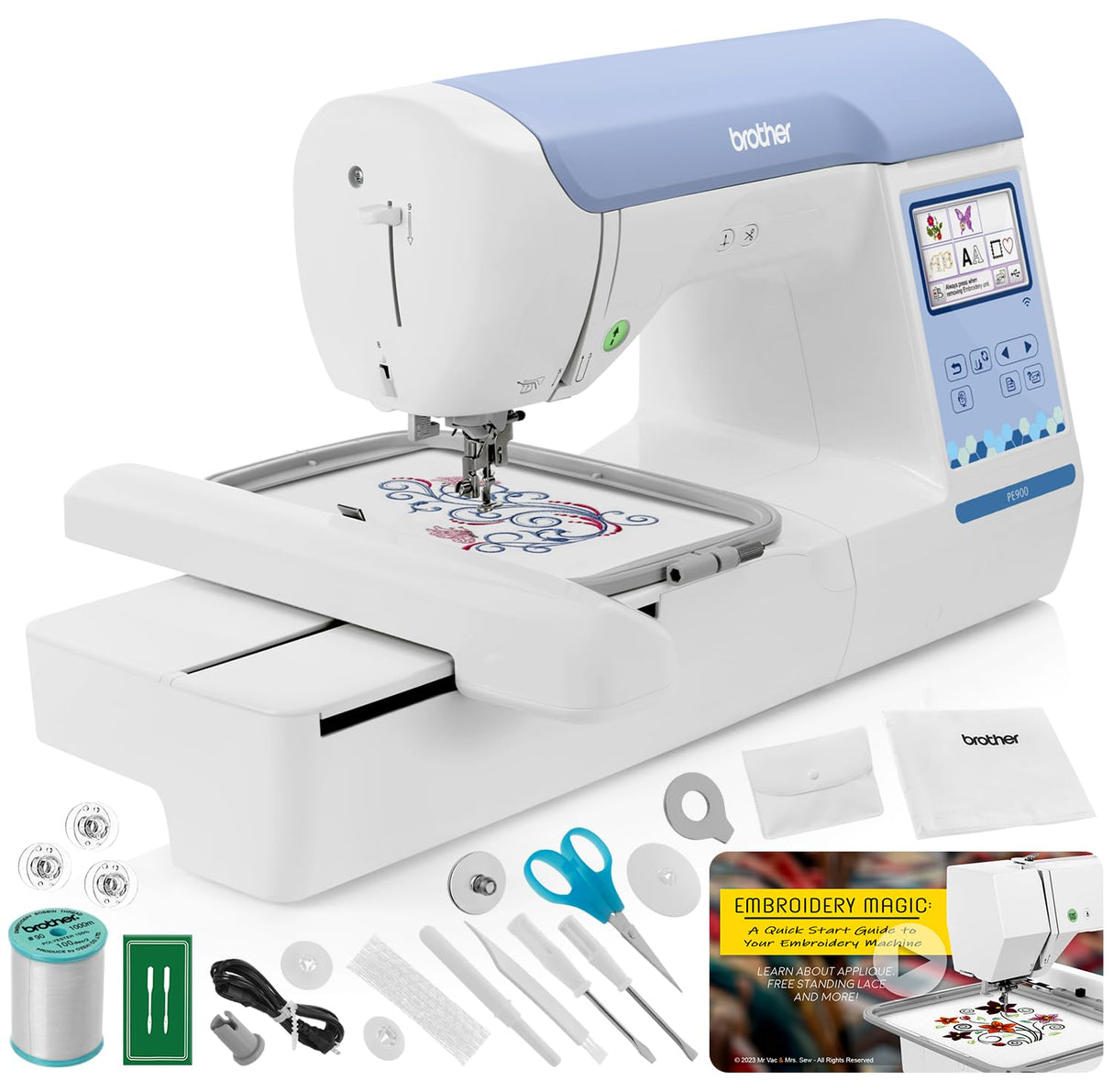 Brother PE900 Embroidery Machine, 5" x 7" Field Size, Cuts Jump Stitches, Wireless, WLAN, Includes Mr. Vac & Mrs. Sew - Embroidery Magic: Quick Start Video Brother