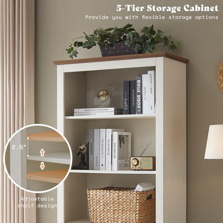 AMERLIFE Farmhouse Bookcase with Doors, 5 Shelf Bookshelf Storage Cabinet with Adjustable Shelves & Barn Door, Versatile Storage Pantry Cabinet for Bedroom, Living Room, Kitchen, Rustic White(2pcs) AMERLIFE