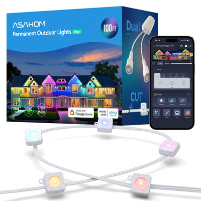 ASAHOM Permanent Outdoor Light Pro S108B, 100FT with 72 RGBCW 70lm LED, WLED Integration, AI Lighting, 30000 Lighting Effect Combination, IP67 Waterproof for Halloween Christmas and Daily Decor, White