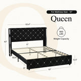 HOMBCK Queen Size Bed Frames with Headboard, Black Velvet Queen Bed Frame with Wingback, Upholstered Bed Frame with Diamond Headboard, Wood Slat Support, No Box Spring Needed, Easy Assembly HOMBCK