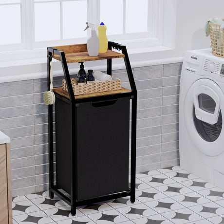 Timberer Laundry Hamper, Laundry Sorter, Rolling Laundry Basket with Wheels, 2 Shelves, 18 Gal(68L), Pull-Out and Removable Oxford Fabric Bags, for Laundry Room, Black and Rustic Brown Timberer