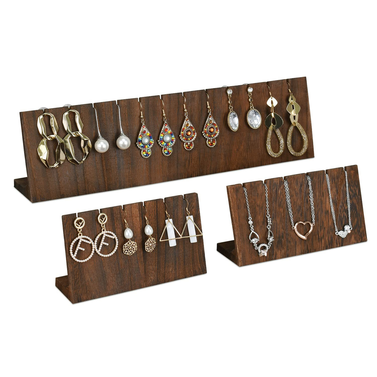 MOOCA Stunning 3-Piece Wooden Jewelry Display Stand Set - Versatile Earring and Pendant Organizer | Elegant Jewelry Stand, Rack, and Holder for Earrings | Holds up to 12 Pairs, Brown Color MOOCA