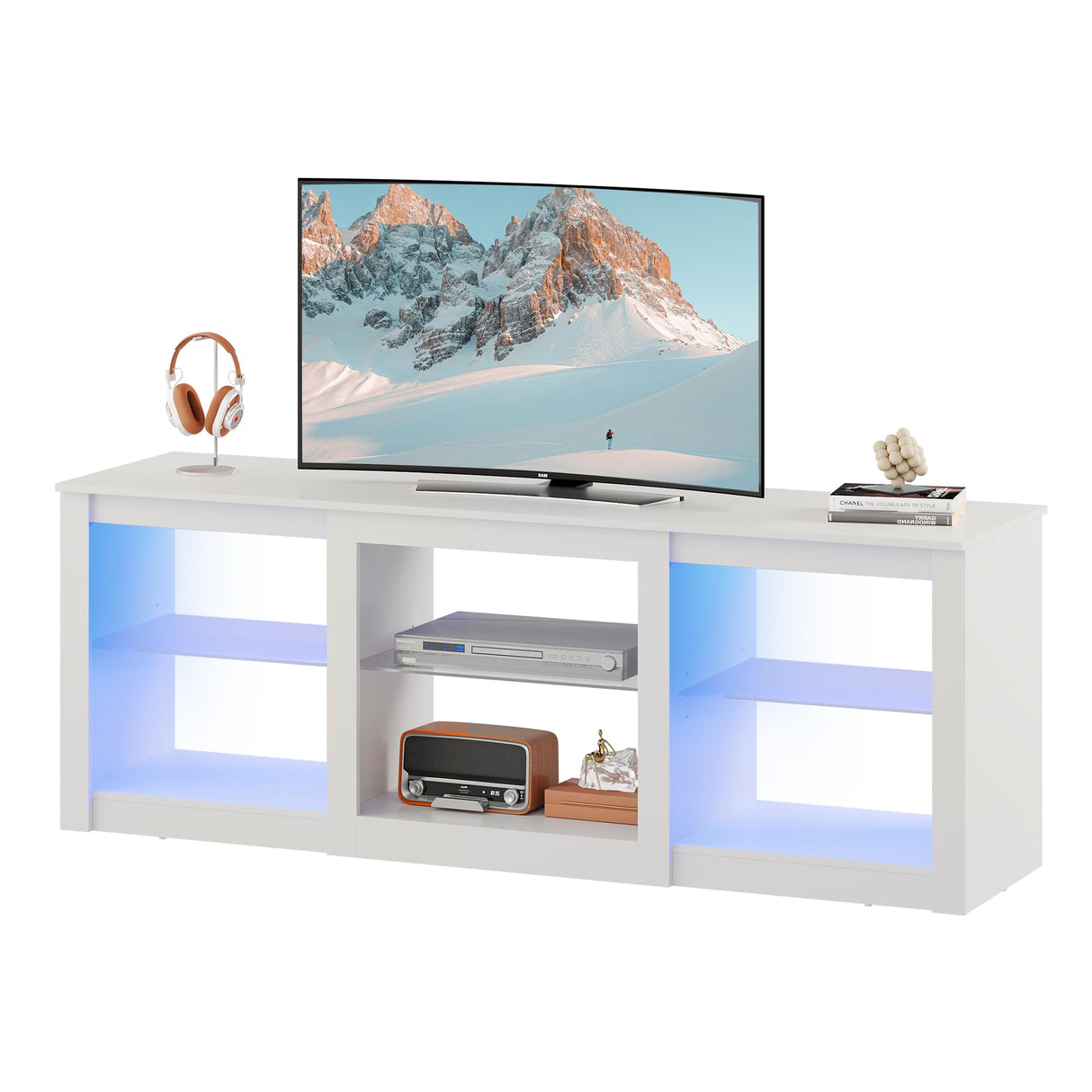 WLIVE LED TV Stand for 65-Inch TV, 58-Inch Entertainment Center with Adjustable Glass Shelves, Modern Media Console for Living Room & Bedroom, White WLIVE
