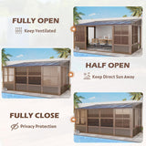 EROMMY 10' x 16' Sunroom, Wall Mounted Gazebo Solarium with Drainage Trough, Polycarbonate Roof, Lean to pergola for Garden, Permanent Sun Room with Lockable Sliding Doors, Brown EROMMY