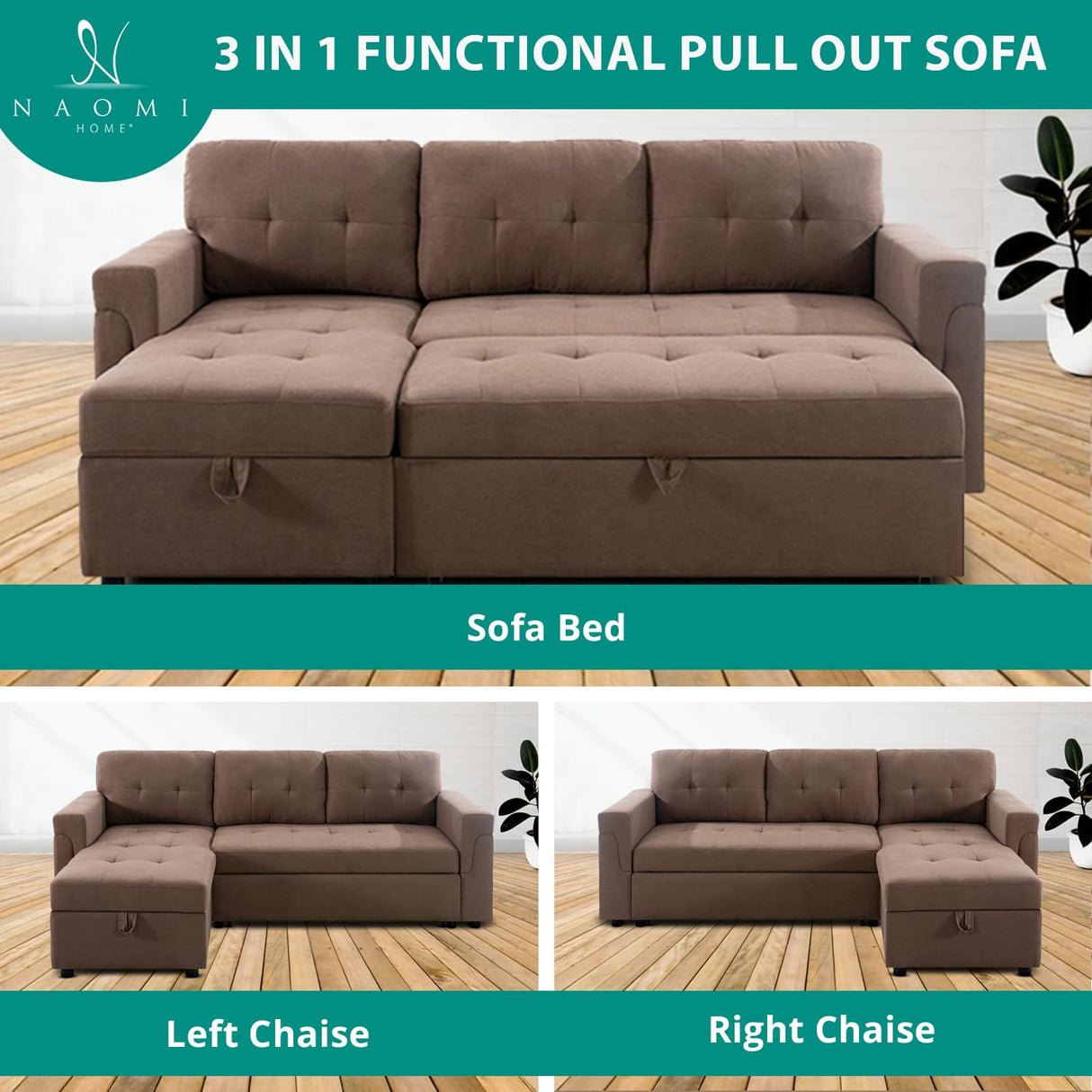 Naomi Home Jenny Sectional Sofa Sleeper with Storage Chaise, Tufted Pull Out Couch with Storage, Sectional Sofa Bed, L-Shaped Reversible Sleeper Sofa with Storage, Mocha,Velvet Naomi Home