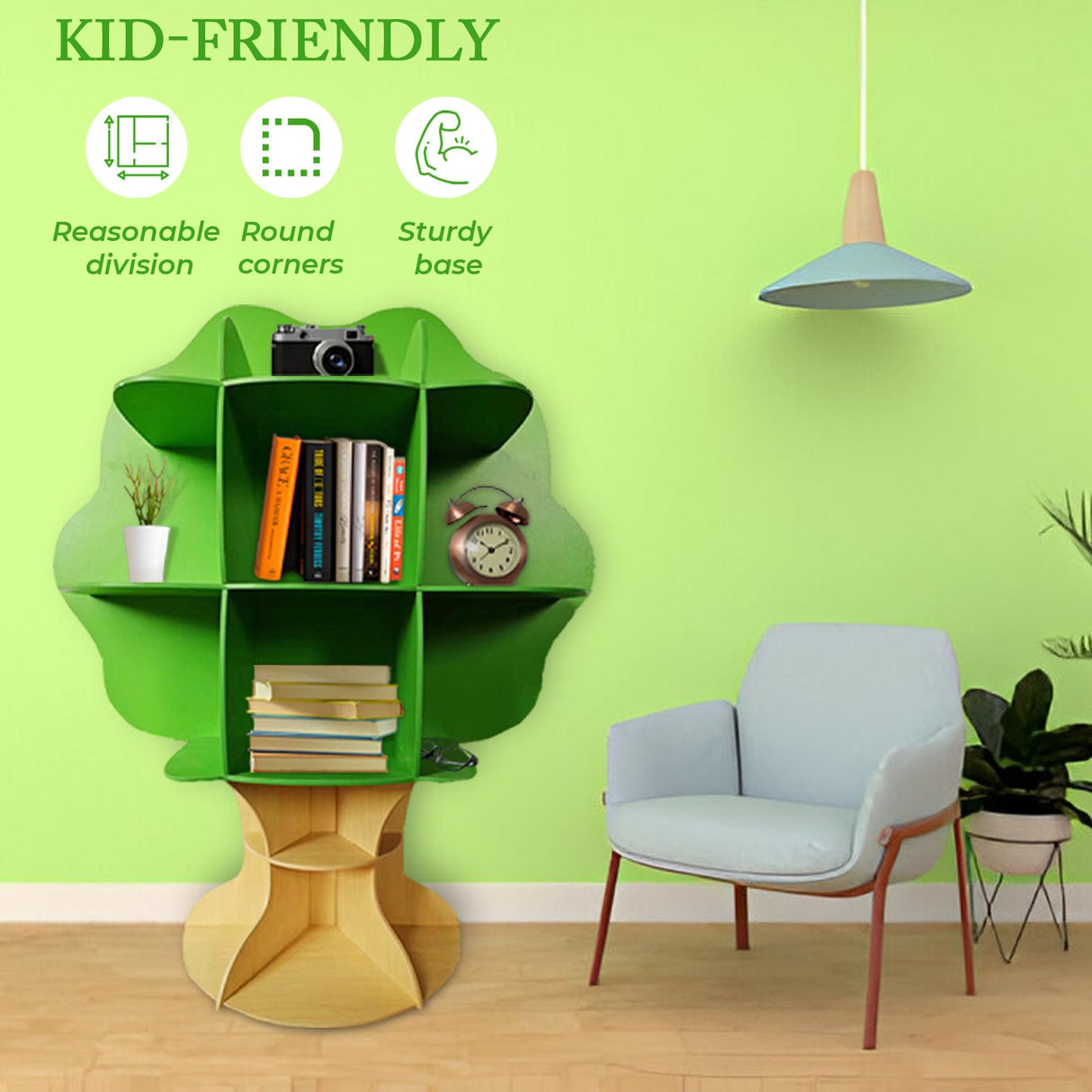 PrimeNex Tree Bookshelf, Floor Standing Tree Bookcase, Solid Wood Bookshelf for Kids Room, Classroom, Living Room, Home Office - Green PrimeNex