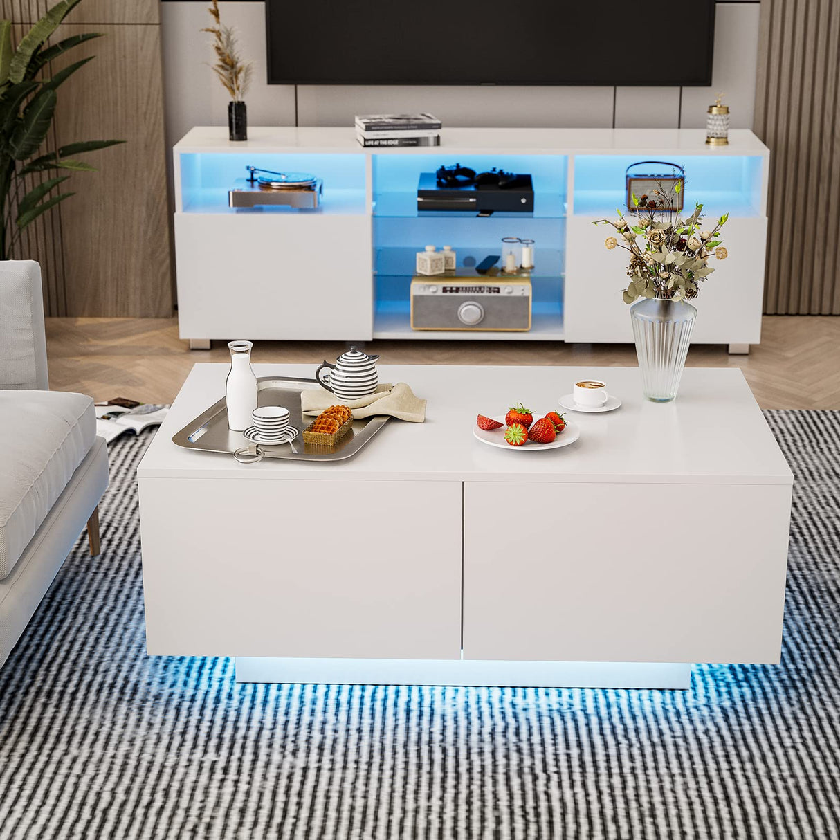 IKIFLY Modern White LED Coffee Table w/4 Drawers, High Glossy Center Table with 16 Colors LED Lights for Home Living Room IKIFLY