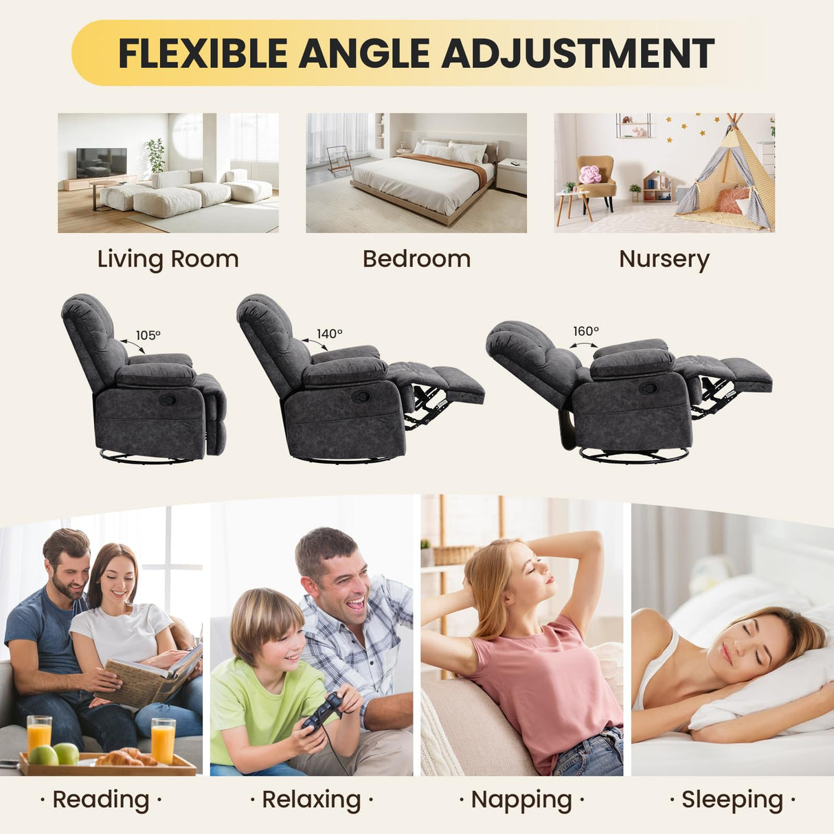 Oversized Recliner Chair,360°Swivel Rocker Recliner for Big Man,Extra Wide Manual Recliners,Overstuffed Soft Rocking Sofa Chair for Living Room,High Back,Large Footrest(Gray) Generic