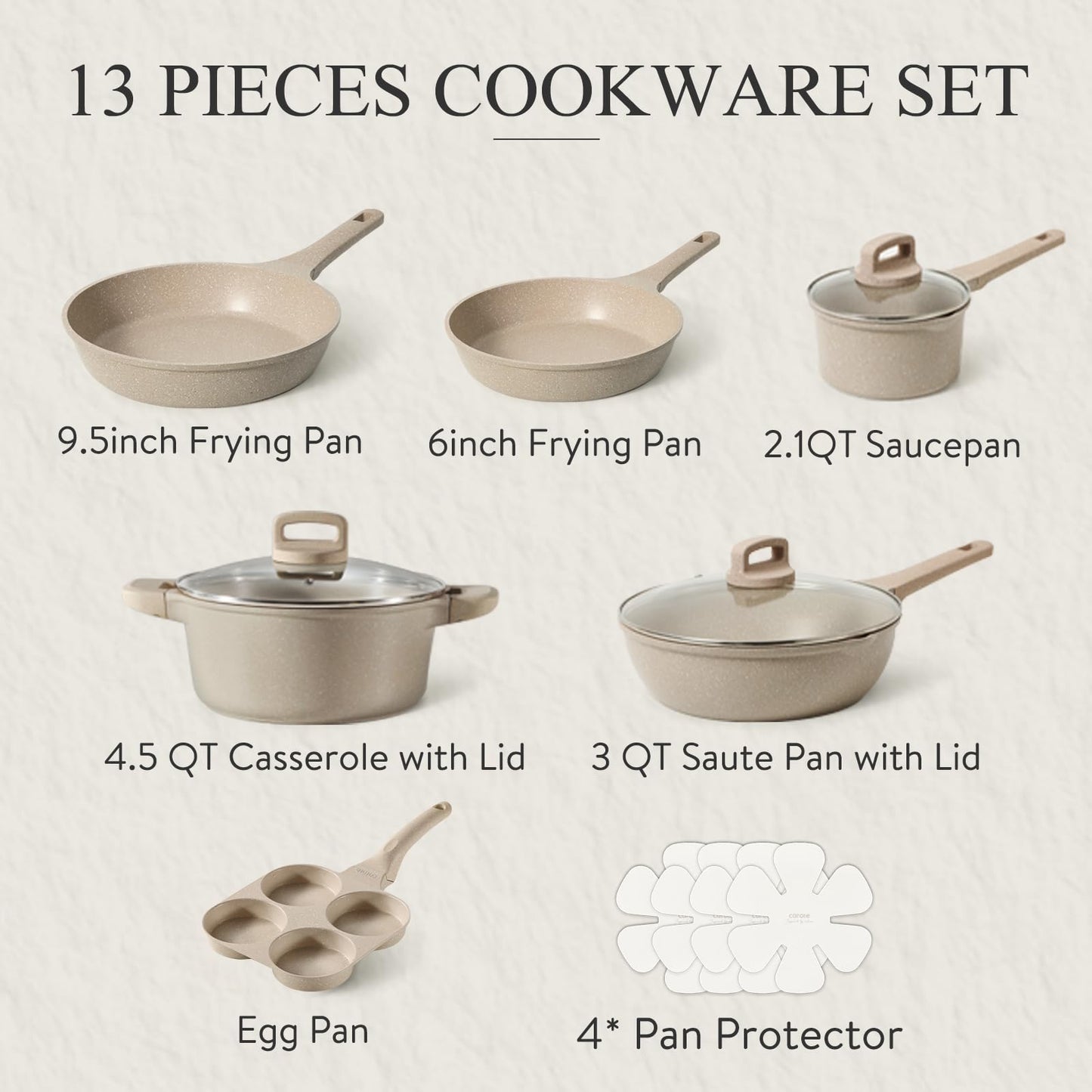 CAROTE 13pcs Kitchen Pots and Pans Set Non Stick, Taupe Nonstick Cookware Set, Frying pans, Kitchen Essentials, Frying pans with lids