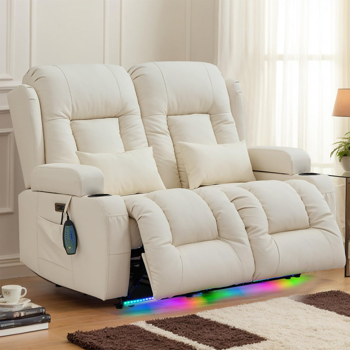 TUNYI Power Loveseat Recliner Sofa - Home Theater Seating with Massage & Heat Faux Leather RV Recliner Loveseat Sofa with USB/Cup Holder/Side Pocket/LED Light/Pillow (Cream White) TUNYI