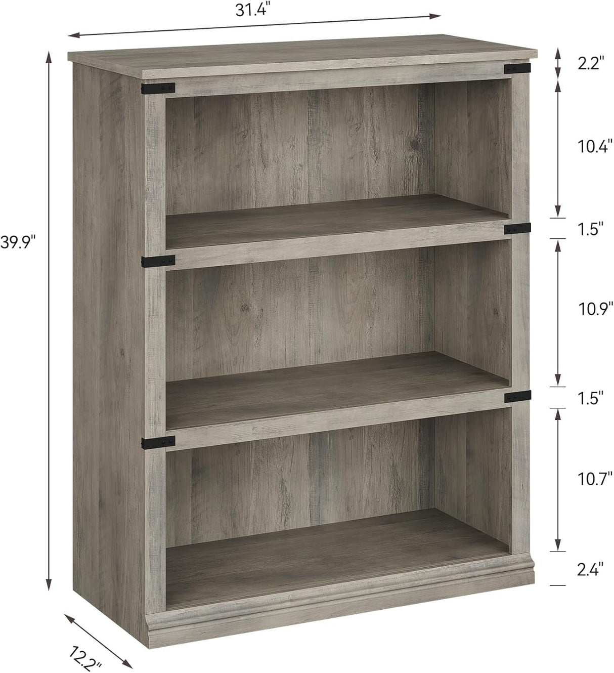 IDEALHOUSE 3-Tier Wooden Bookcase, Farmhouse Storage Book Shelf with Display Shelves, Tall Book Case for Home Office, Living Room, Bedroom, Grey, 40.0" H x 31.5" W x 12.2" D IDEALHOUSE