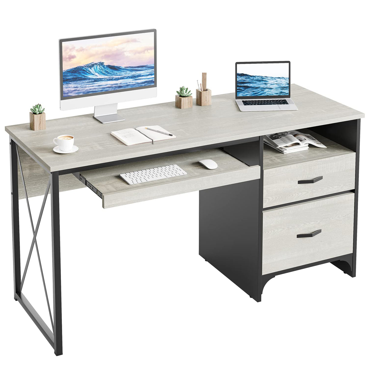 Bestier Office Desk with Drawers, 55 inch Industrial Computer Desk with Storage, Wood Teacher Desk with Keyboard Tray & File Drawer for Home Office, Wash White Bestier