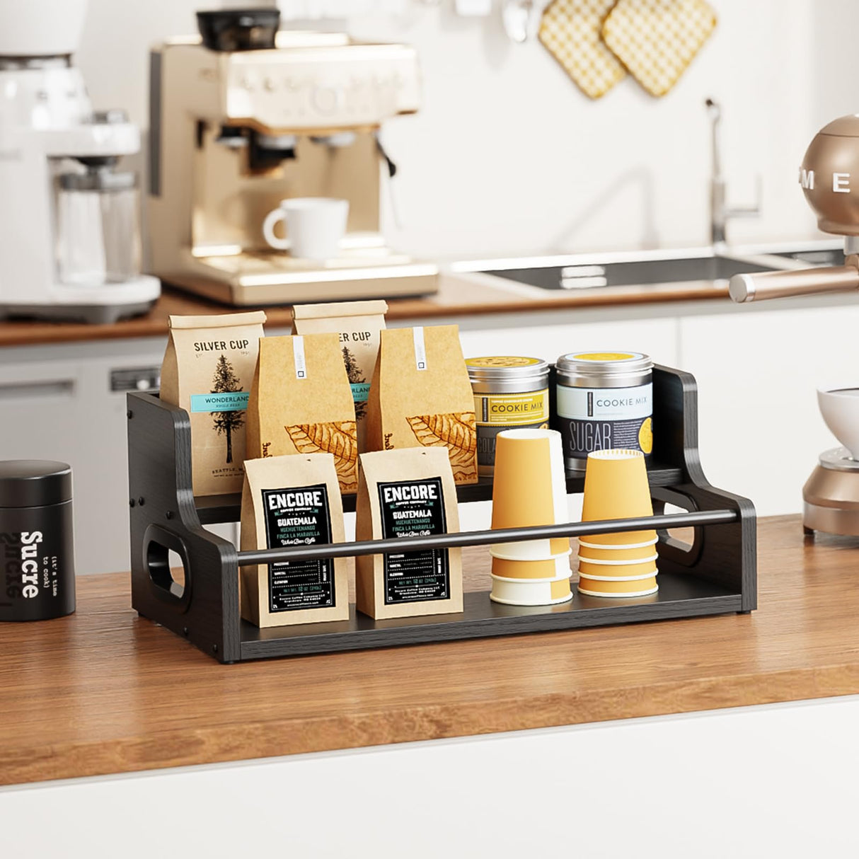 KLM Liquor Bottle Display Shelf, Coffee Syrup Rack Organizer, 2 Step Countertop Liquor Wine Rack, Mini bar,Liquor Cabinet, Home Retro Bar Shelf Stand for Liquor Whiskey, Spirits, (Black) KLM