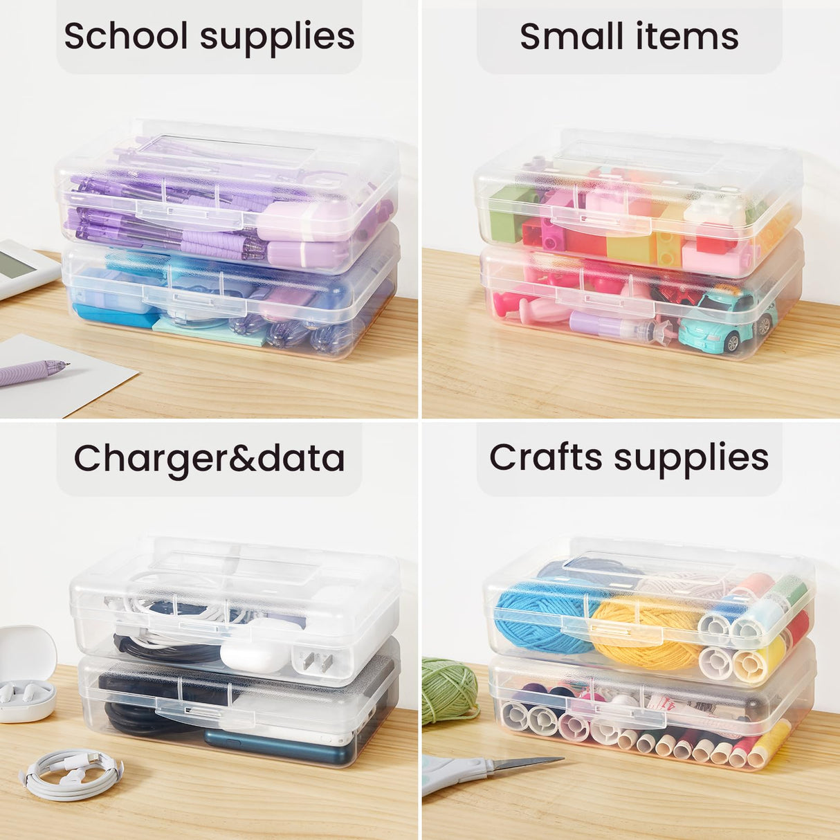 Sooez Plastic Pencil Case Box 6 Pack, Large Crayon Maker Pen Organizer, Plastic Containers with Snap Lids, Stackable Craft Storage Boxes Bulk, School Supplies Art Box for Bead, Clear Sooez