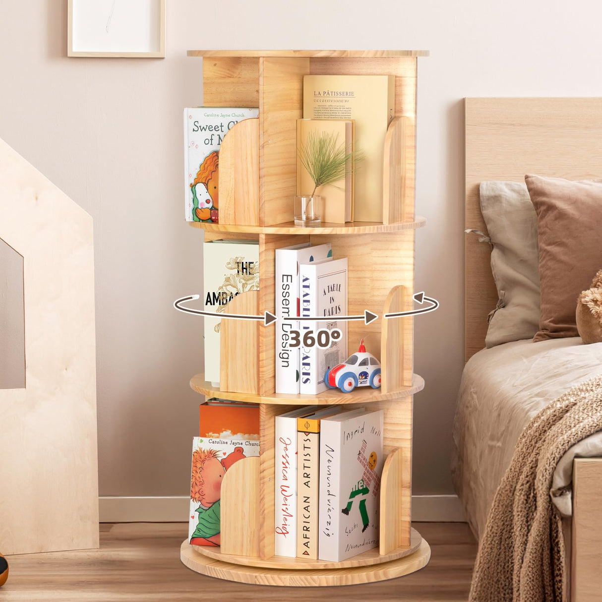 OOOK Solid Wood Rotating Bookshelf for Kids, Spinning Bookshelf Tower with Large Capacity for Small Space, 360° Display 3 Tier Thick Corner Shelf with Texture for Bedroom, Reading Room, Living Room OOOK