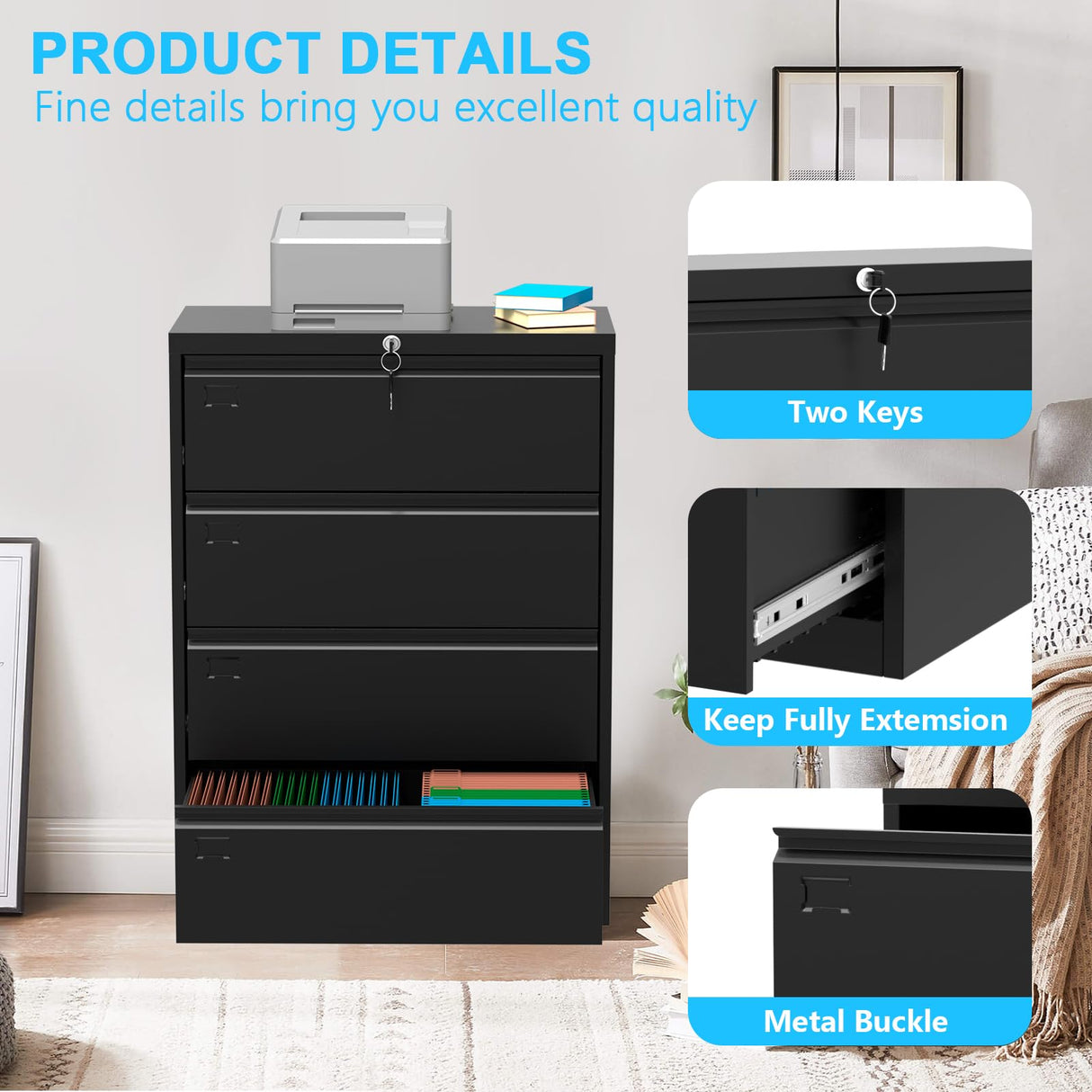 Euker 52inch High 4 Drawer Metal Lateral Filing Cabinet - File Cabinets, Lockable Storage, Organizes Hanging Files (Letter/Legal/F4/A4 Size), Requires Assembly, Visit The Letaya Store Euker